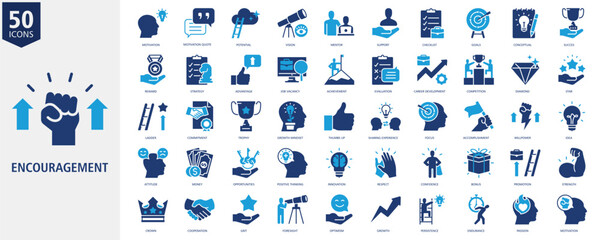 Encouragement Icon Set duo tone Style with motivation, motivation quote, potential, vision, mentor, support, checklist, goals, conceptual and succes
