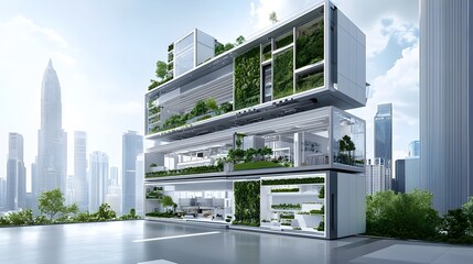 Cross section of a futuristic skyscraper featuring integrated vertical gardens renewable technologies