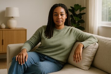 Obraz premium Relaxed woman on sofa.
