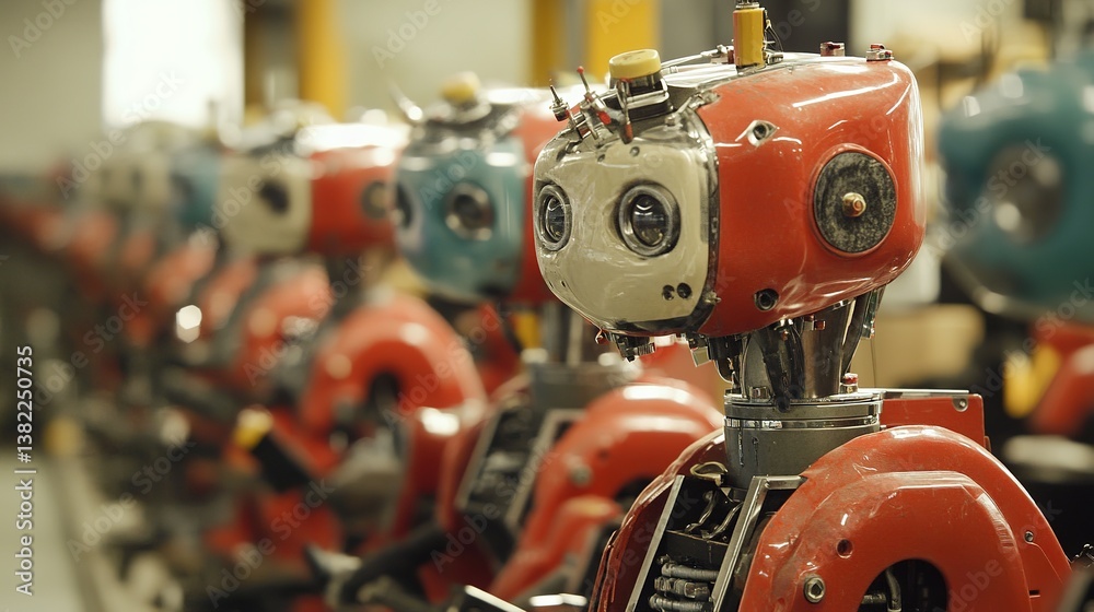 Poster assembly line robots optimizing mass production efficiency.