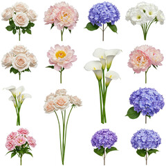 Various colorful flower bouquets including roses, peonies, hydrangeas, and calla lilies