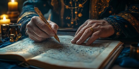 Astrologer drawing astrological chart with golden pen in candlelight