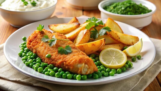 A delicious plate of crispy fried fish fillet, served with golden potato wedges, vibrant green peas, and fresh lemon slices, garnished with parsley sprigs.