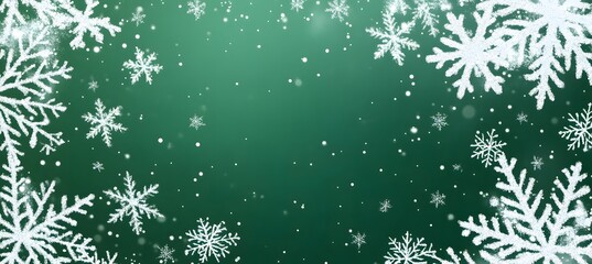 Obraz premium Green background with white snowflakes Christmas card design holiday poster template,
