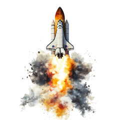 Space shuttle launch with smoke and flames isolated on transparent background