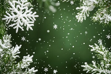Obraz premium Green background with white snowflakes Christmas card design holiday poster template,
