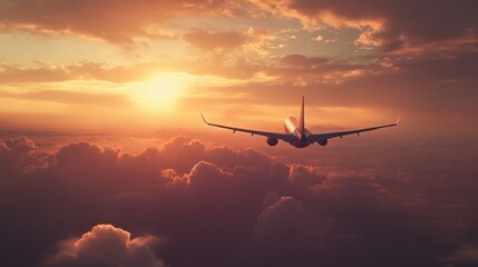 Airplane soaring through clouds at sunset
