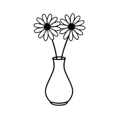 Line art vector style illustration of a slender glass vase holding two daisy flowers.eps
