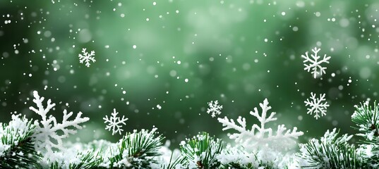 Green background with white snowflakes Christmas card design holiday poster template,

