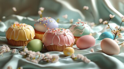 Obraz premium Delicate pastel Easter cakes and eggs arrangement with springtime blossoms decor