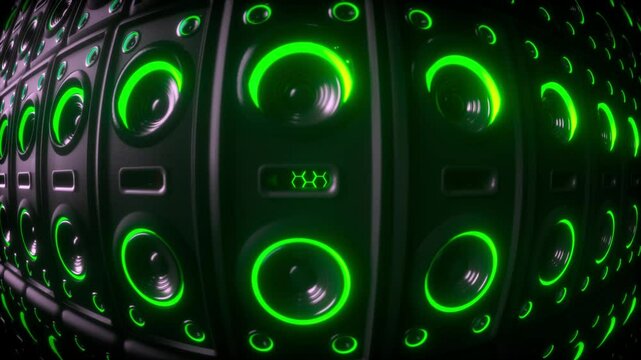 Futuristic Wall of Speakers with Glowing Green Lights Creates Dynamic and Immersive Audio Visual Experience with Vibrant Neon Lights and Symmetrical Design Grid Pattern for High Tech Innovation and