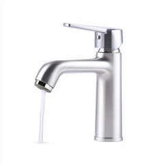 A sleek, modern bathroom faucet with a shiny finish, dispensing a steady flow of water, emphasizing contemporary design and functionality.