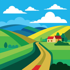 Fototapeta premium rural-landscape-with-green-fields--road-and-blue-c(2).eps