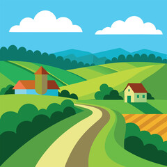 Fototapeta premium rural-landscape-with-green-fields--road-and-blue-c(3).eps