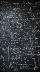 A chalkboard surface is covered with complex mathematical equations and drawings