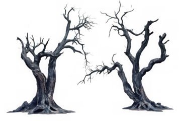 Two ancient, gnarled trees stand silhouetted against a stark white background, their stark beauty evoking a sense of timelessness and resilience.
