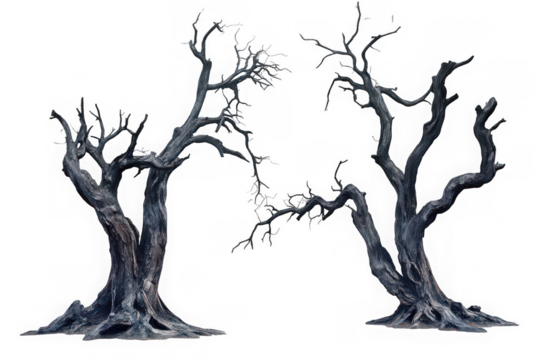 Two ancient, gnarled trees stand silhouetted against a stark white background, their stark beauty evoking a sense of timelessness and resilience.