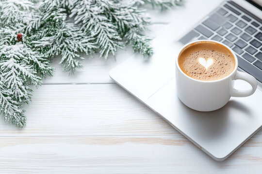Cozy coffee moment winter retreat beverage photography festive atmosphere close-up view heart shaped foam art