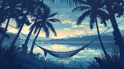 A tranquil scene featuring a hammock by a serene lake surrounded by palm trees at sunset.