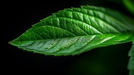 Lush Green Mint Leaf Macro Shot with Dark Background.
