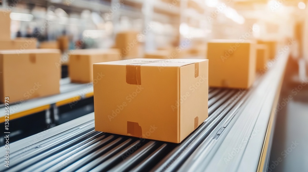 Poster high-speed packaging and sorting in a modern factory.