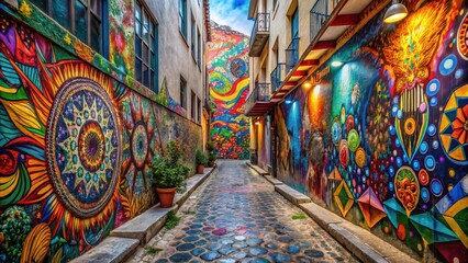 Fototapeta premium Vibrant Street Art Alleyway A Captivating Display of Colorful Murals and Cobblestone Pathway