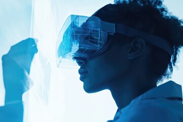 Woman using VR headset interacts with a holographic blueprint, showcasing futuristic technology and architectural design.