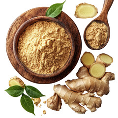 Fresh ginger root and ground ginger powder PNG aromatic spice PNG culinary ingredient PNG herbal remedy PNG organic seasoning PNG transparent background