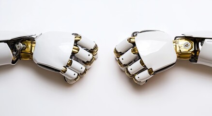 Two robotic hands in a fist-bump position, showcasing sleek design and intricate mechanical details against a white background.