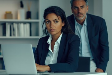 Fototapeta premium A businesswoman works on her laptop with a serious-looking colleague standing behind her.