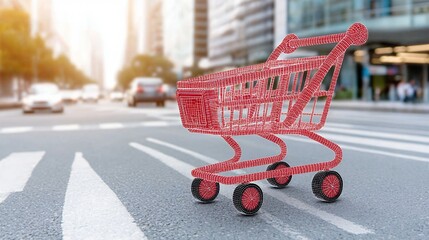 Red Shopping Cart Graphic On City Street