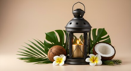 Tropical Christmas decor with coconut, flowers and lantern on beige