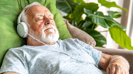Relaxed Senior Man Listening To Music At Home