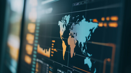 Close-up digital world map display on a computer screen with glowing data visualizations, charts, and analytical interface. Concept of global technology, data analysis, and network intelligence.