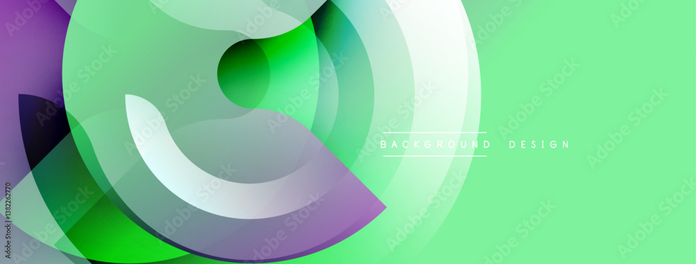 Poster Abstract composition. Overlapping shapes create dynamic flow. Green, purple, white hues blend seamlessly. Modern design for backgrounds, presentations.