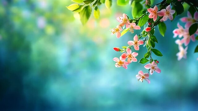 cute pink flower branch sway in wind hanging down from tree with blue green nature background