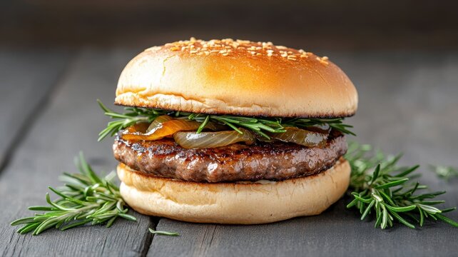 Gourmet beef burger with herbs on rustic wooden table. Juicy patty, fresh rosemary, and sesame bun.