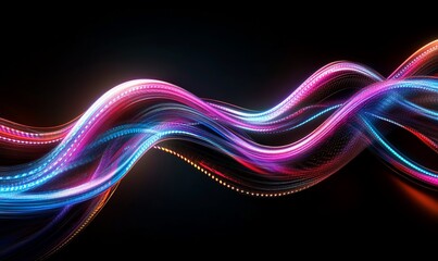 Vibrant, flowing light trails in red, blue, and pink hues against a dark background