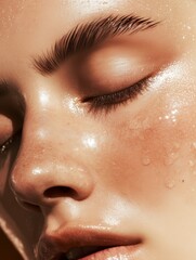 Fototapeta premium Close-up portrait of a woman displaying glowing skin and serenity 