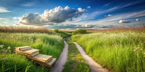 Obraz premium Serene Country Path Beckoning with Stacked Books as Steps Towards a Sunlit Meadow