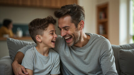 Obraz premium Portrait of happy teenage son and his father at home. Sharing secrets and having fun