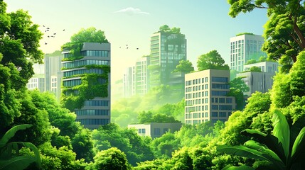 Fototapeta premium Green skyscrapers and urban forests environmental concept picture