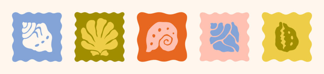 Boho Summer Seashells Icons in Trendy Retro Style. Abstract Simple Vector Illustrations of a Shells, Cone, Snail, Scallop for Logo, Patterns, T-Shirt Print, Stickers, Social Media Post and Stories