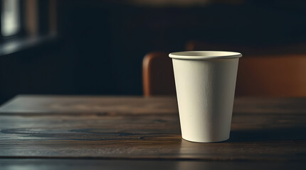 A white paper cup on the wood table 