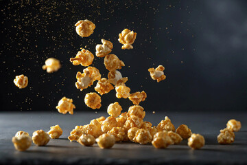 carmel popcorn flying around dark background