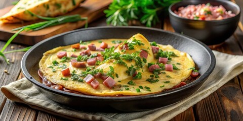 Savory Omelet with Herb Garnish and Diced Meat in a Dark Pan on Wooden Table