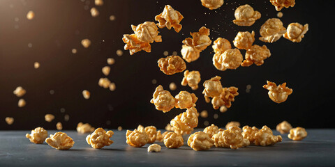 carmel popcorn flying around dark background