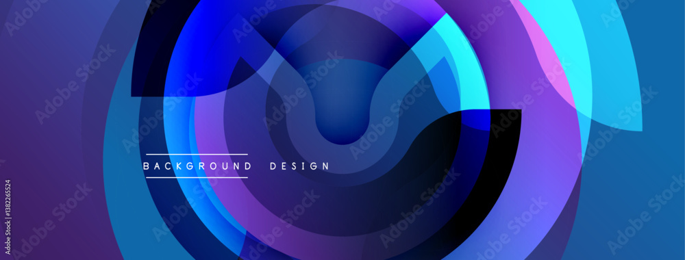 Poster Abstract design. Overlapping circles create dynamic composition. Blue, purple hues dominate. Modern aesthetic. Minimalist style. Smooth gradients.