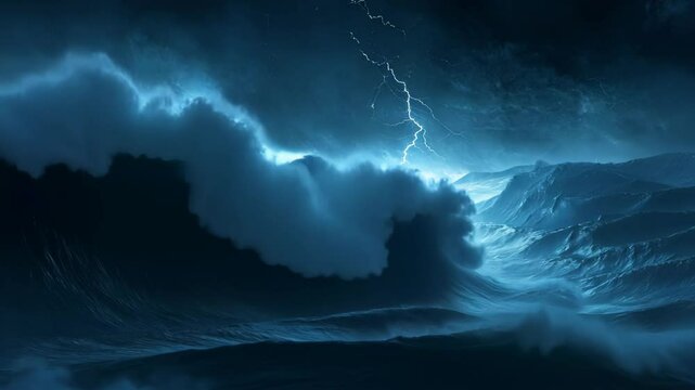 dark ocean with the biggest wave under black storm sky with lightning strike on water surface