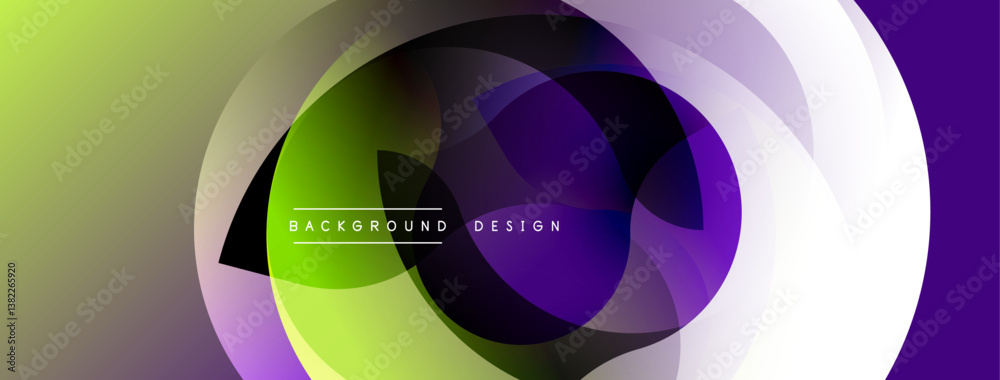Poster abstract design, vibrant colors, overlapping shapes. purple, green, white gradients create dynamic c